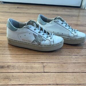 Golden Goose White Leather Sneakers with Silver Glitter Star